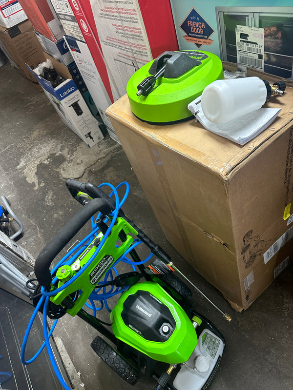 Greenworks 2000 psi pressure washer with surface cleaner and soap attachment