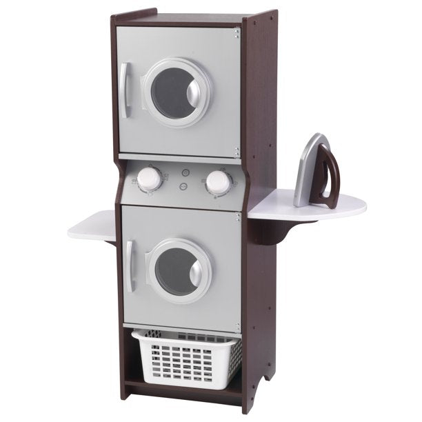KidKraft Laundry Playset, Wooden Stacking Washer and Dryer with Iron and Basket, Espresso